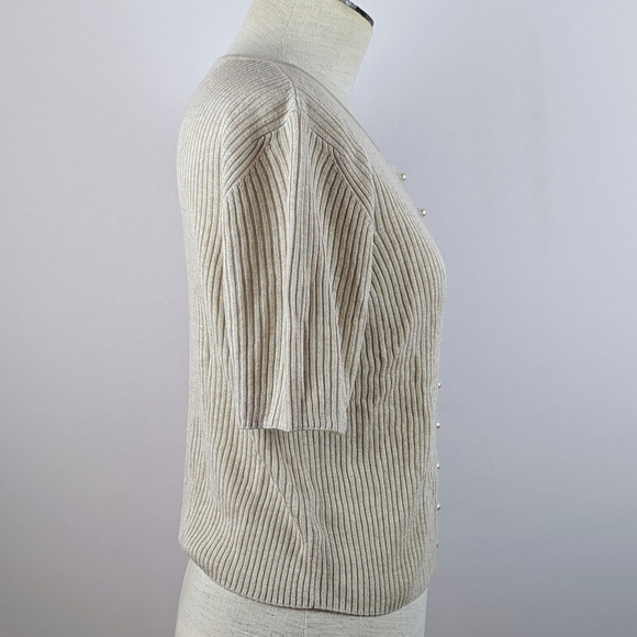 NAADAM Cardigan Faux Pearl Button Front Short Sleeve Silk Cashmere Linen M NWOT - Picture 6 of 12